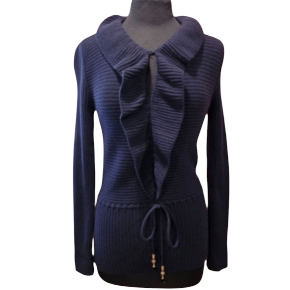Gucci Medium Wool Ruffle Sweater Navy Blue Luxury Ribbed Made In Italy Tie Waist